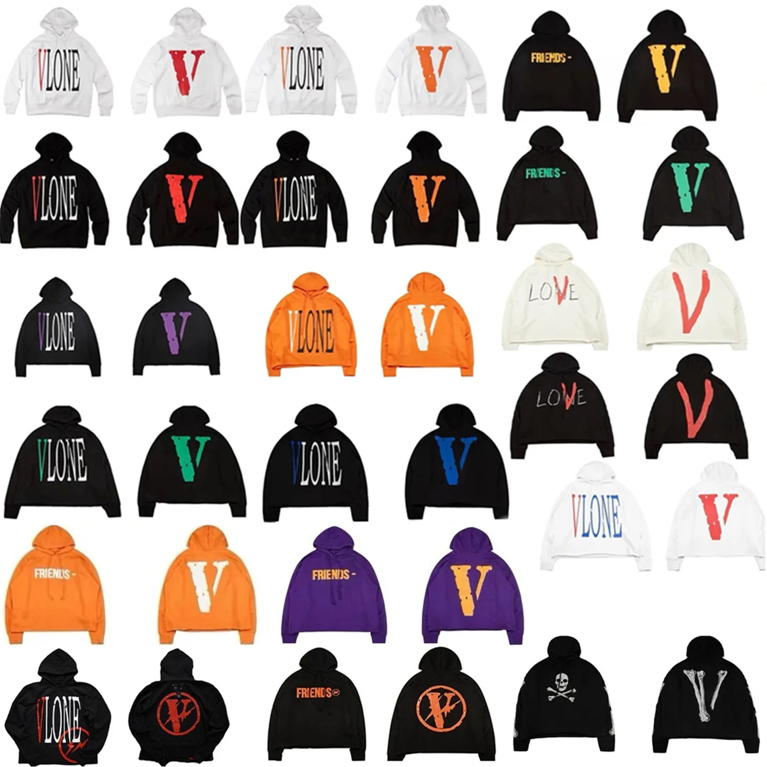 

New design 100% cotton autumn long-sleeved unisex big logo V men's large size loose vlones style hooded sweatshirt, 39 colors