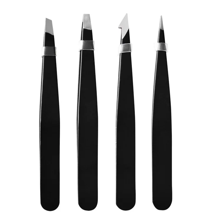 

Customized 4pcs Stainless Steel Black Eyebrow Tweezers Set With PU Leather Bag, Black;blue;red;pink;green;customized