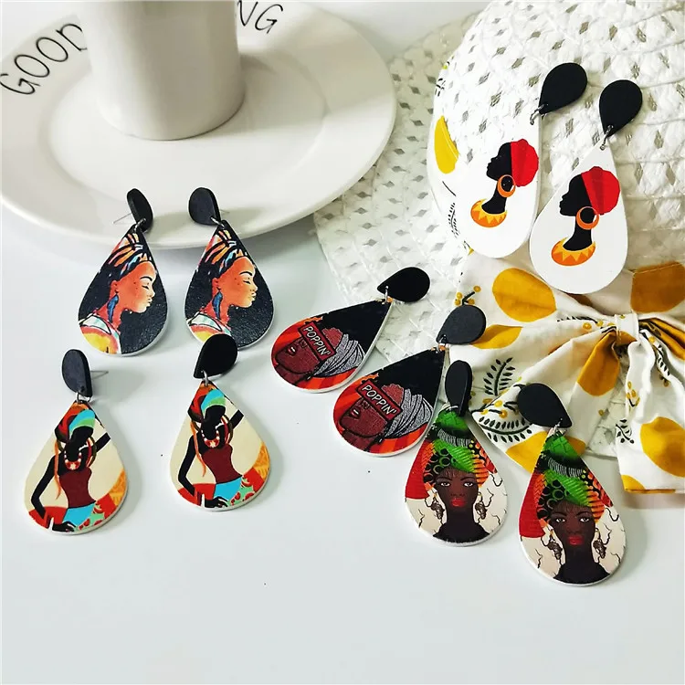 

New Wooden Earrings, Printed African Head Drop-Shaped Color Earrings
