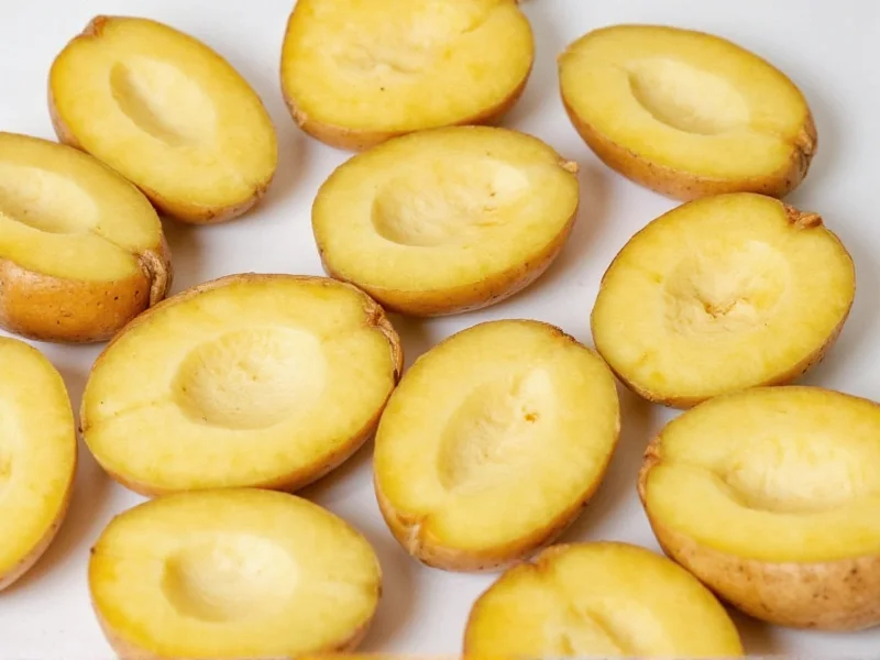 Potato halves with scooped centers ready for baking