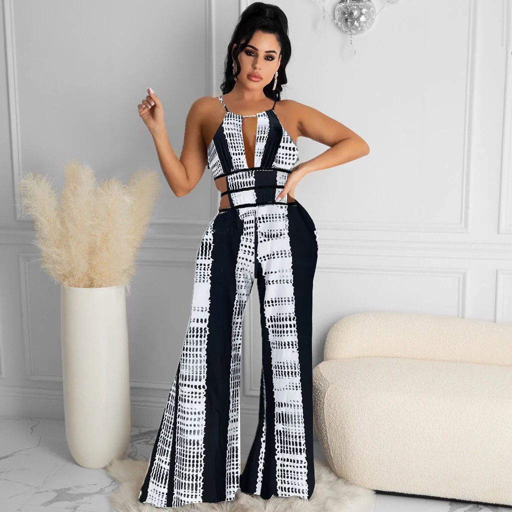 

Halter Backless Sexy Jumpsuit Women Loose Style Long Overalls Elegant Party Club Striped Jumpsuits Rompers C13792