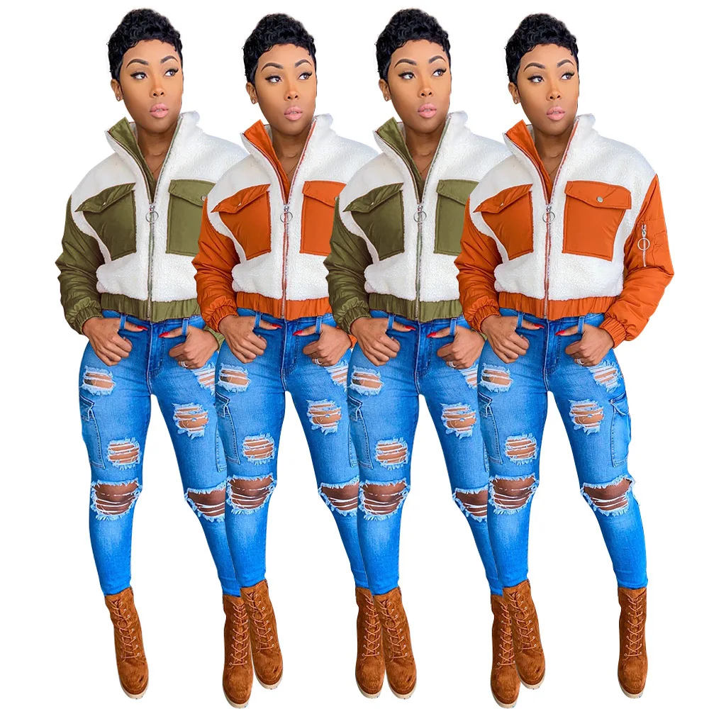 

Winter Clothes Women Slim Patchwork Wool Thicken Coat Stylish Ladies Zip Up Cardigan Design Jacket, Picture color