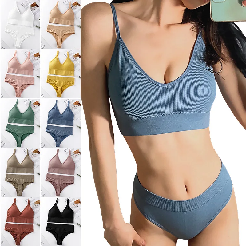 

Women Padded Bra And Brazilian Panties Set Seamless Bralette Brief Sports Sexy Thongs Panty Girl Fitness Crop Top Underwear, Picture shows or custom colors