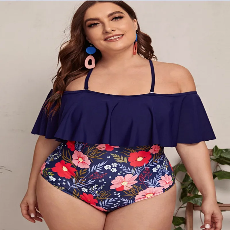 

JSN9203055 High Neck Waist Swimsuit Women Ruffle Swimwear Print Flower Plus Size Beach Bikini Set