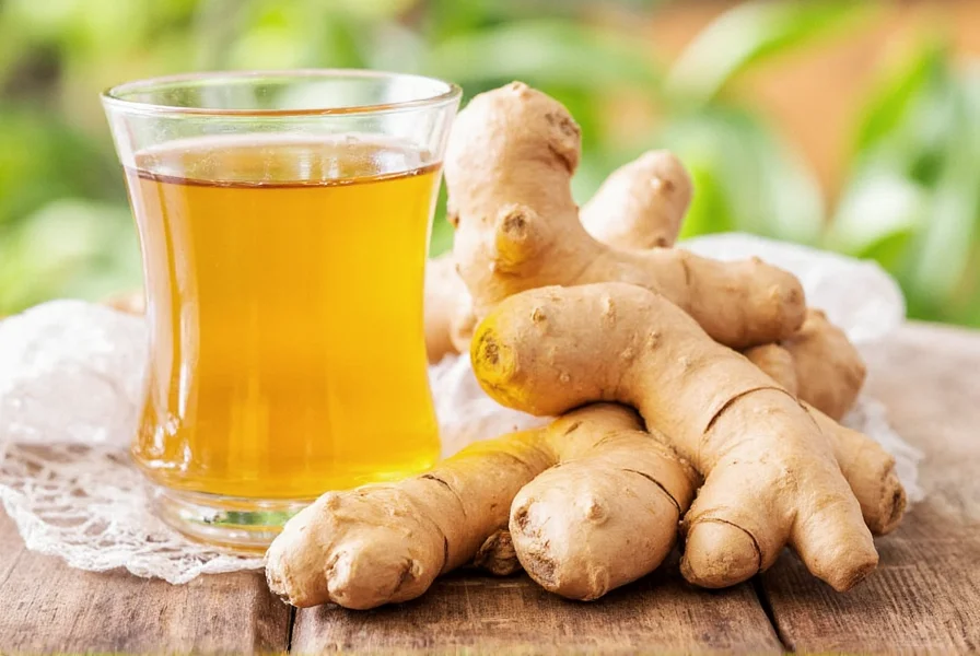 Fresh ginger root sliced for tea preparation with steam rising from a teacup