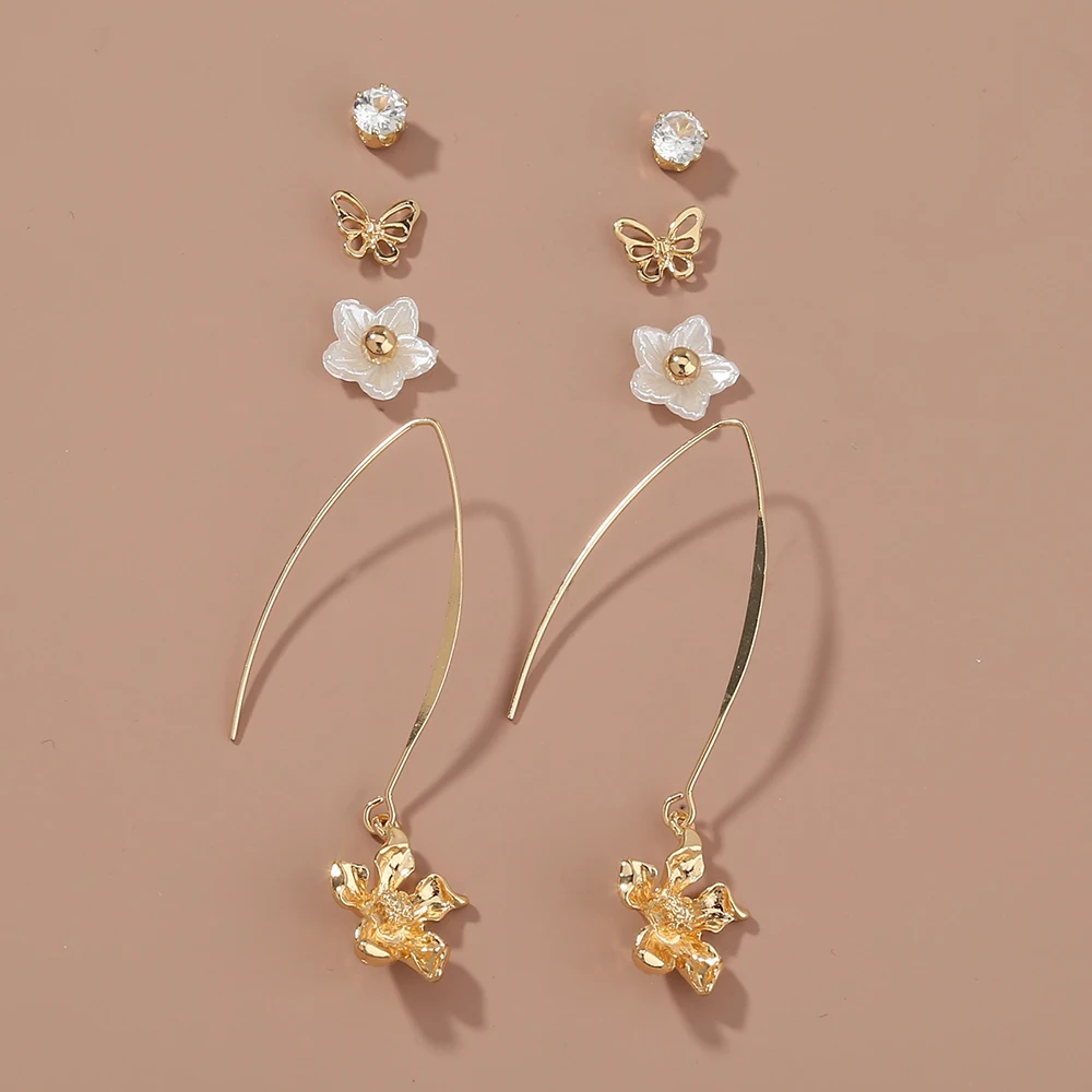 

4 Pairs designs rhinestone butterfly pearl flower drop long hook stud earrings set women jewelry