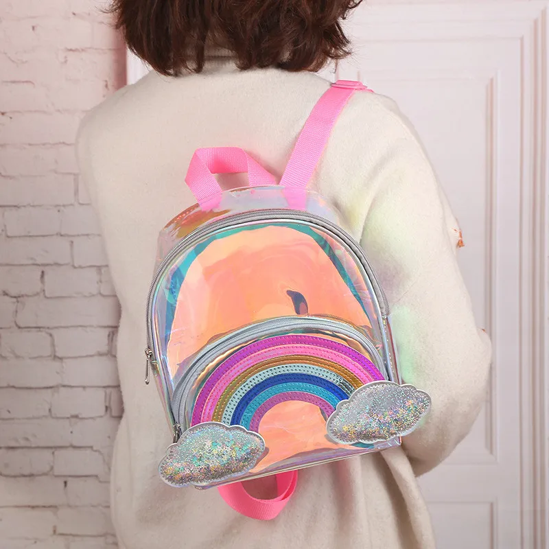 

Mgirlshe Fashion Transparent Laser Clear PVC Bag Backpack Cute Sweet Carton Rainbow Shining Glitter Cloud School Bags for Kids