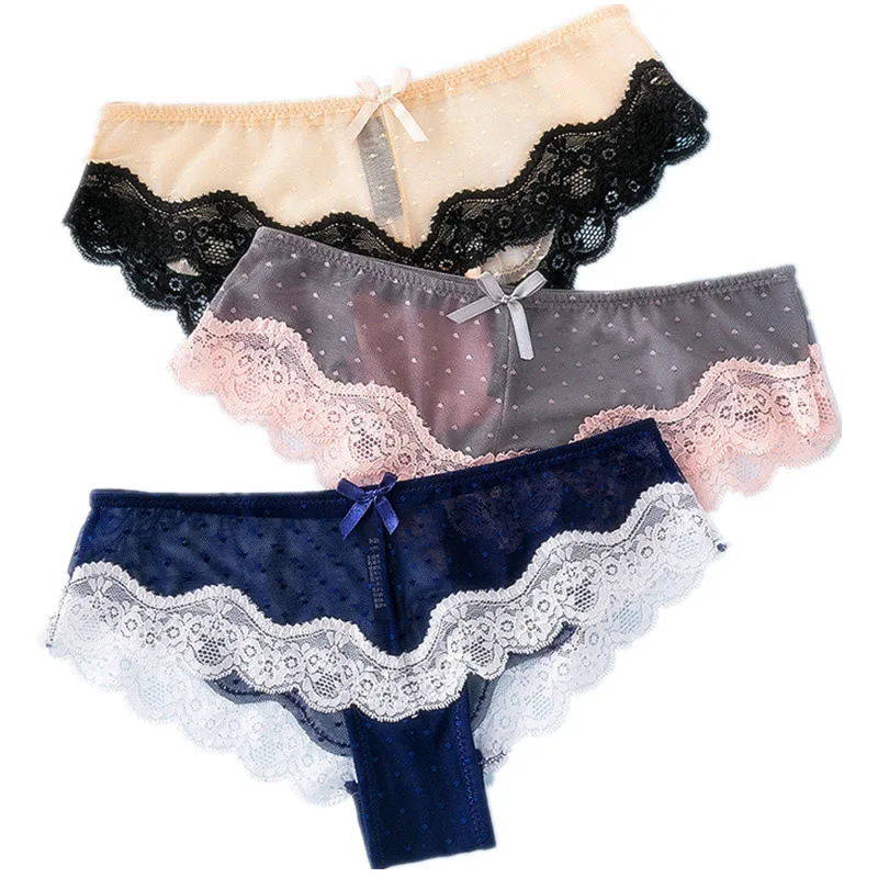 

Hot sale New Sexy lace ladies panties low waist mesh floating point transparent package hip briefs explosion women bow panties