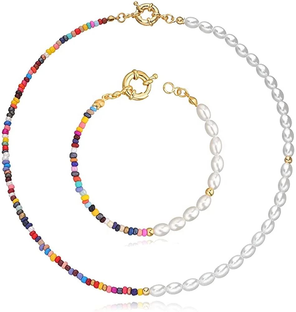 

Bohemian Bead Pearl Choker Necklace and Bracelet Handmade Colorful Seed Beaded Set Jewelry, As picture