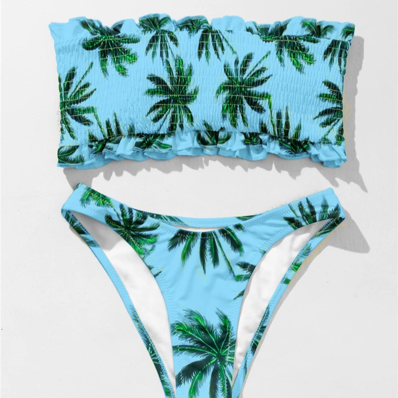 

2021 hot sale bandeau two piece ruched swimsuit extreme sexi bikini string thong ruffle swimwear girls off shoulder micro bikini