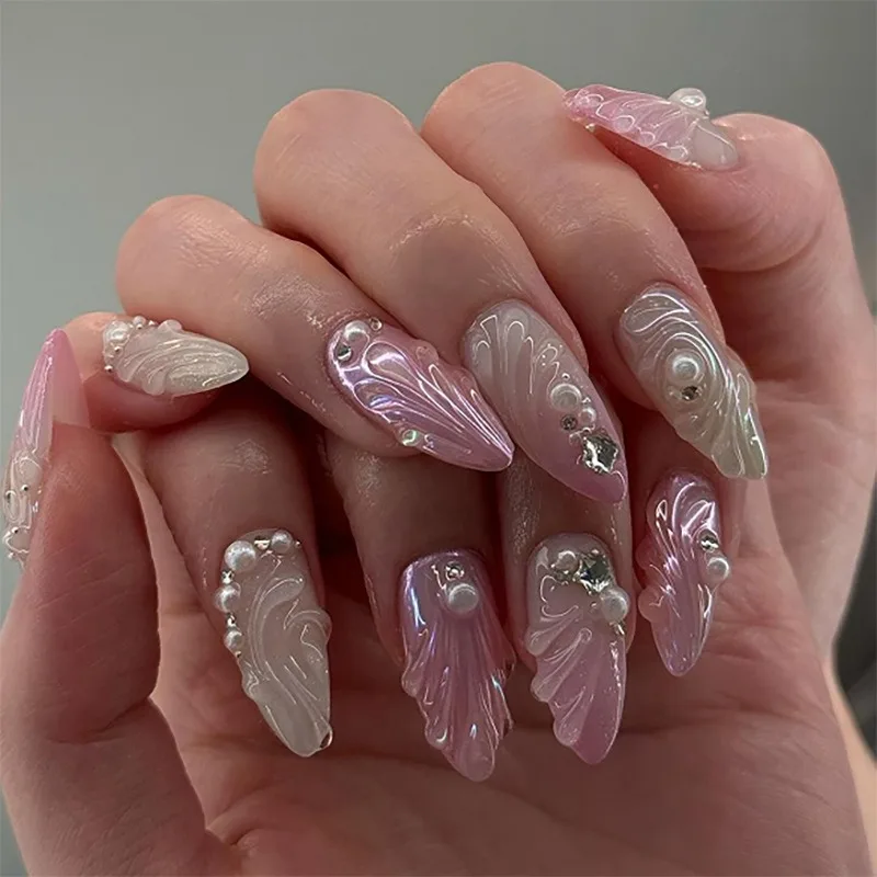 24 Pcs/set Soft Acrylic 3680 3D pink Gradient with Shell Pearls Rhinestones Short Almond Press on Nails Artificial Fingernails