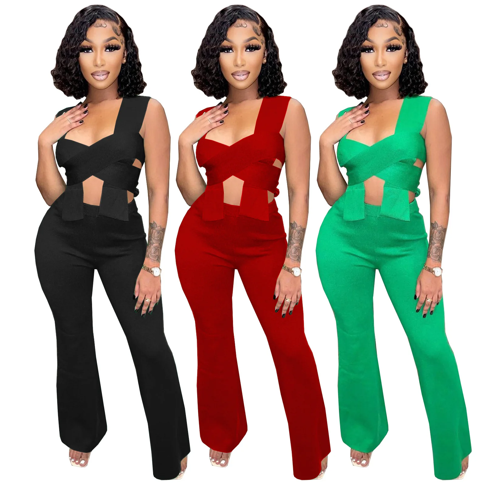 

Wholesale Price Women Sets Hollow Out Spring 2022 Clothes Two Piece Pants Set, Gray