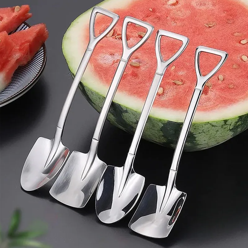 

Hang stainless steel shovel flat spatula watermelon spoon easy cleaning cute coffee spoons metal ice cream long tea spoons