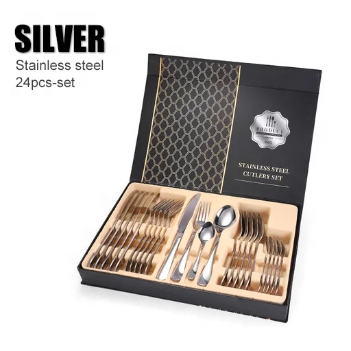 

Amazon Top Sale 1010 Stainless Steel Tableware 24 Piece Set Gift Box Cutlery spoon Knife tea spoon Western-style Set fork, Silver