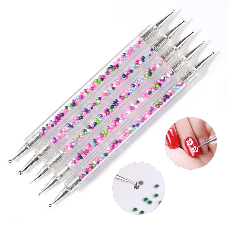 

5Pcs/Set Colorful Pearl Caviar Nail Art Dotting Pen Acrylic Double-ended Rhinestone Decoration Dot Painting Manicure Tools, As picture