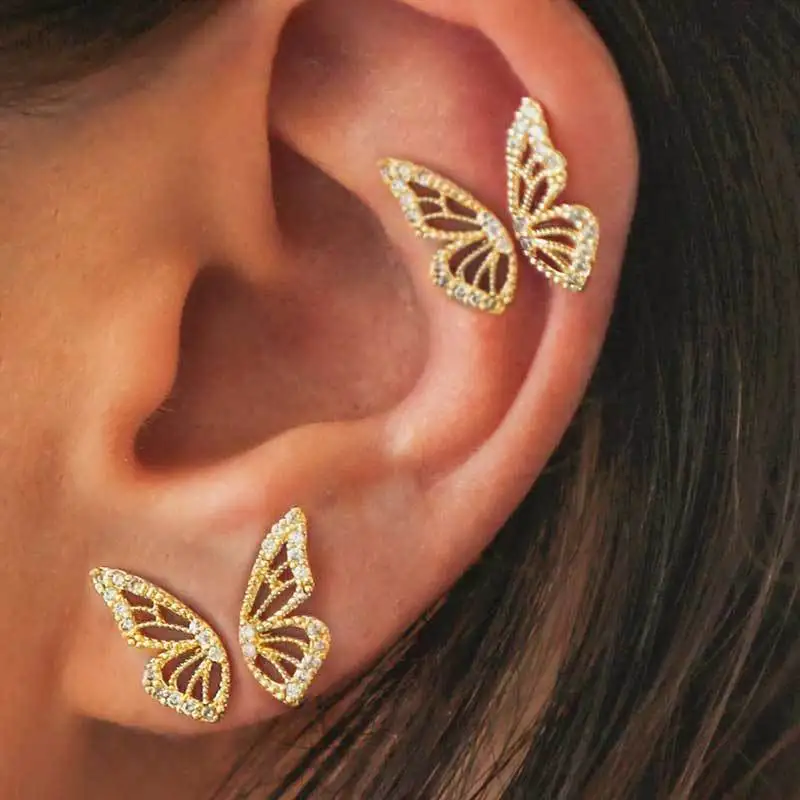 

2020 New Gold Rose Gold Color Rhinestone Butterfly Wing Stud Earrings For Women Cute Small Crystal Stud Earring, Gold, silver