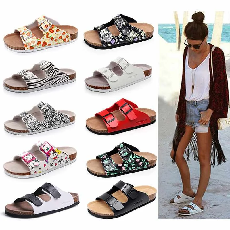 

LX-15 2021 plus size casual Cork slippers with double buckle cross strap women and men's flat outdoor couple beach sandals shoes, Picture show , squine colors