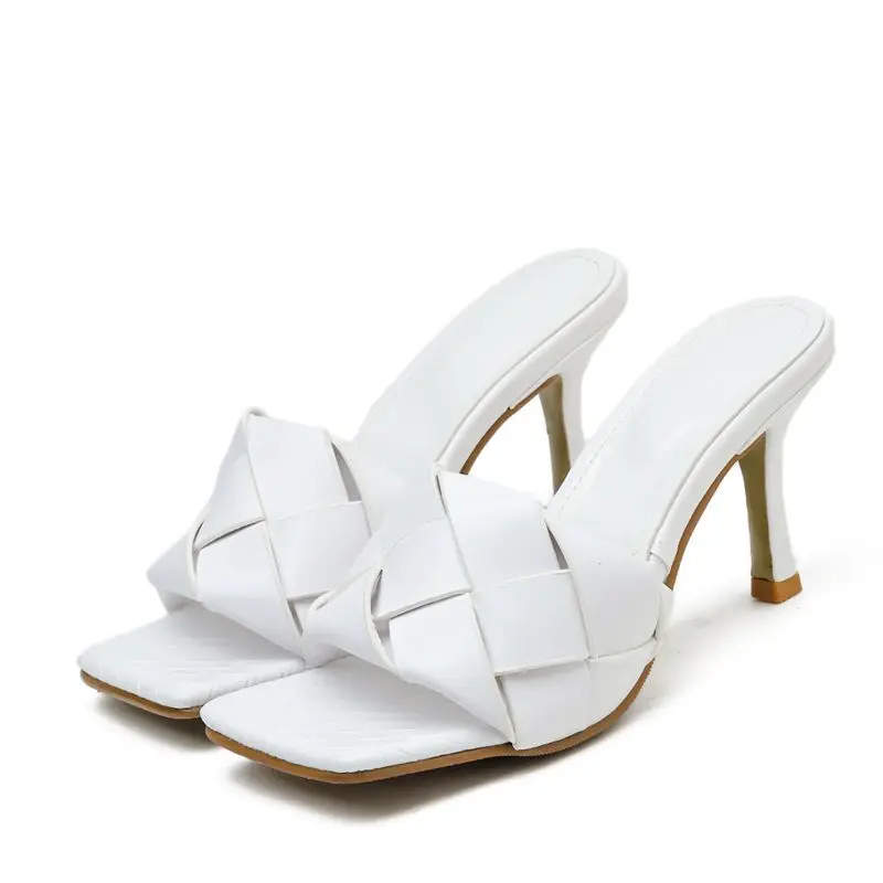 

Black White Sexy peep toe Party Wedding Dress shoes 9cm stiletto high heels slippers weave High heeled slipper for outdoor wear