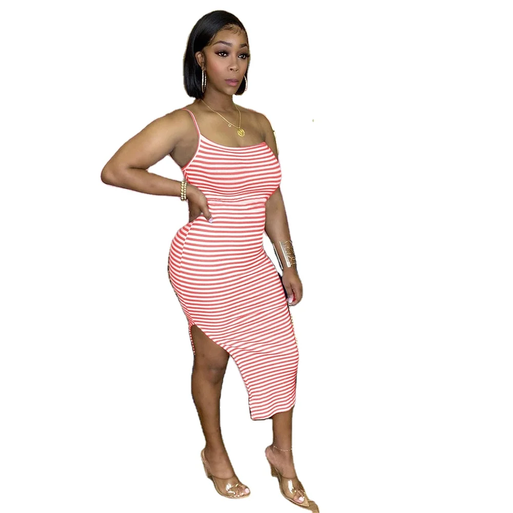 

Sexy 2021 new sleeveless dress nightclub strapless striped dress with slit