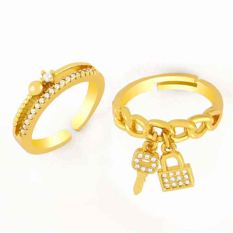 

Trendy Design Genuine Gold Plated CZ Lock Key Rings Crystal Rhinestone Link Chain Open Rings