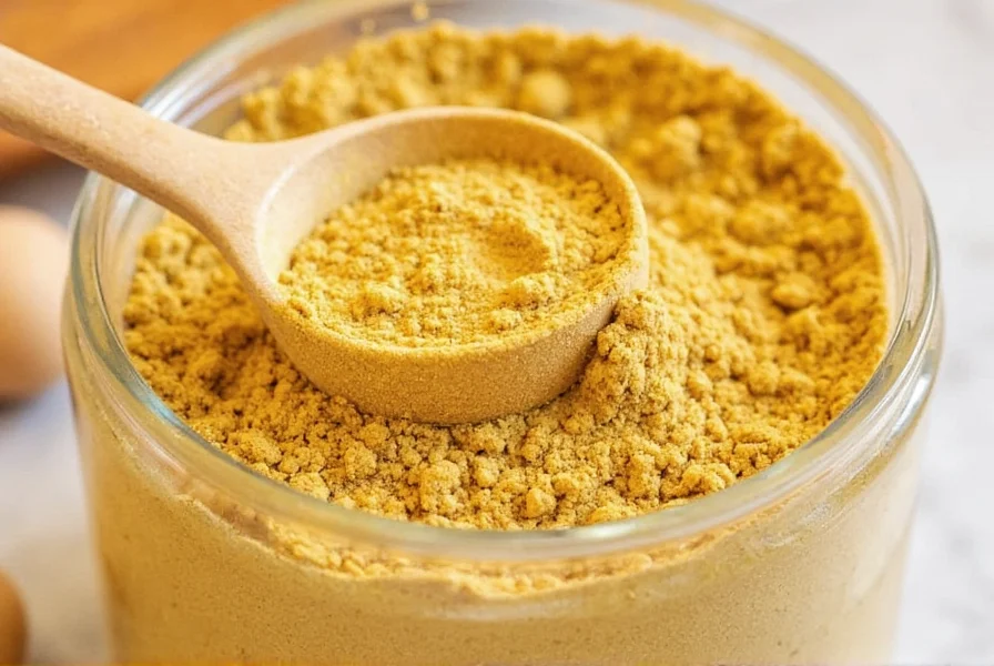 Close-up of golden ginger root powder in a glass jar with measuring spoon