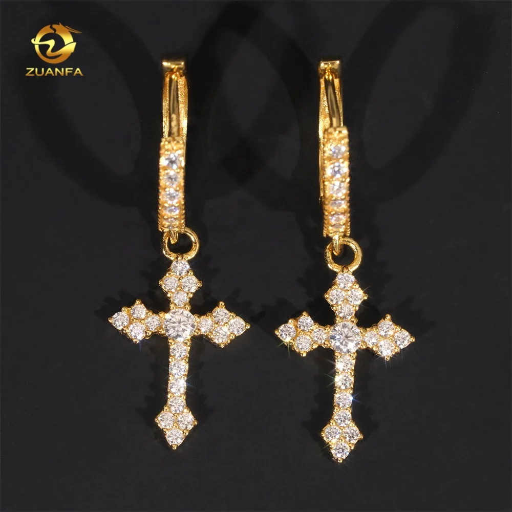Hip Hop Fashion Iced Out Jewelry 925 Sterling Silver Moissanite Drop Cross Mens Diamond Hoop Earrings
