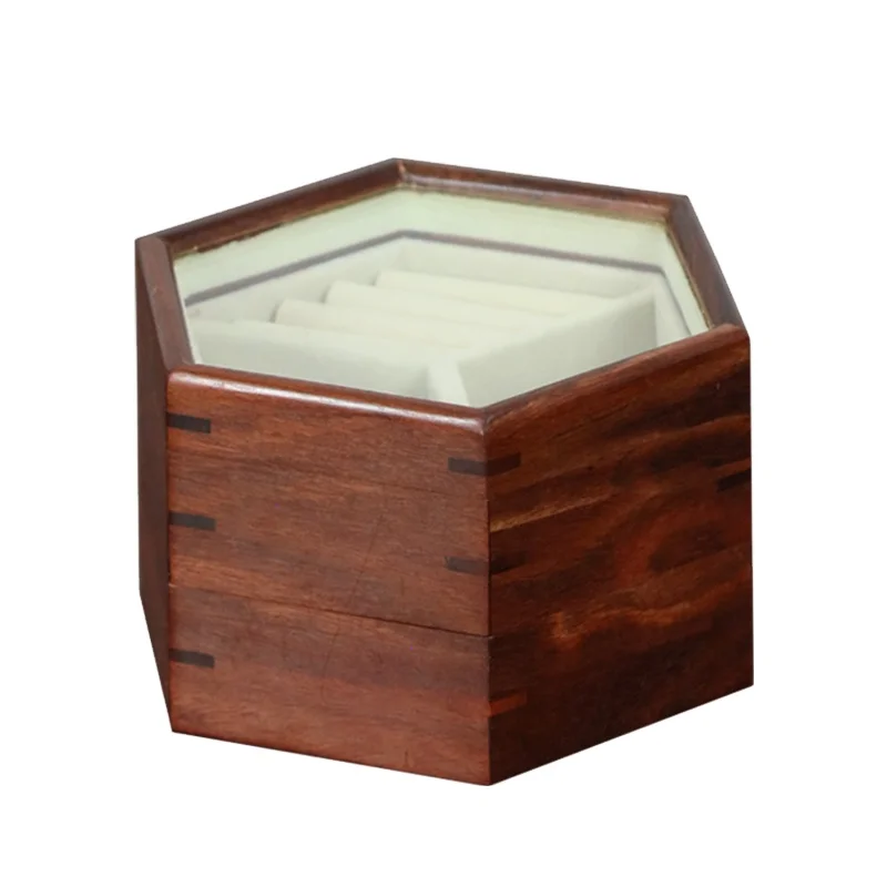 

New arrival hexagonal double layers custom wooden jewelry storage boxes, Palm red