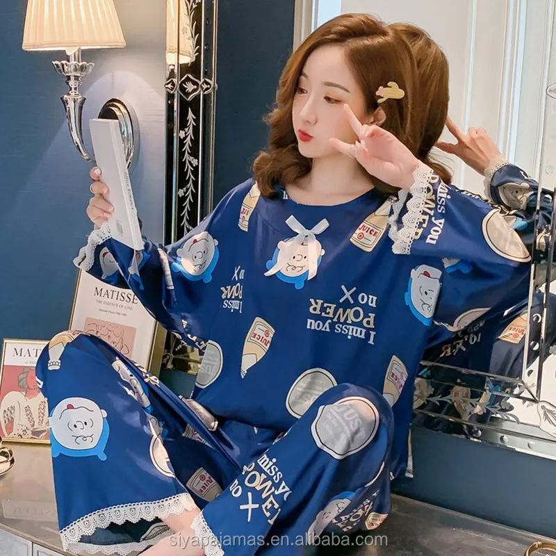 

Spring and autumn women's long sleeve imitation silk thin home wear sweet lace Pajamas Set