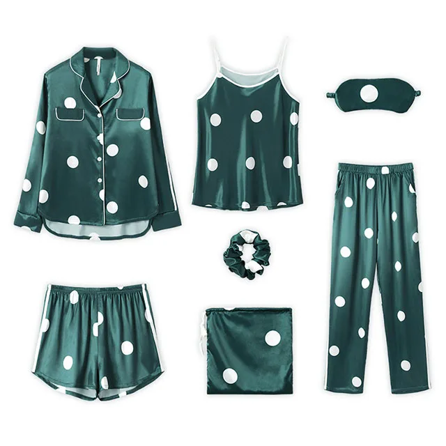 

Ice Silk Seven-Piece Plus Size Short-Sleeved Sling Love Pattern Pajamas For Women Set