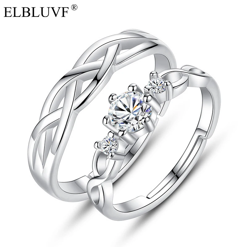 

ELBLUVF Free Shipping Simple Copper Alloy Jewelry Cubic Zircon Lovers Wedding Engagement 925 Silver Plated Couple Ring, White gold