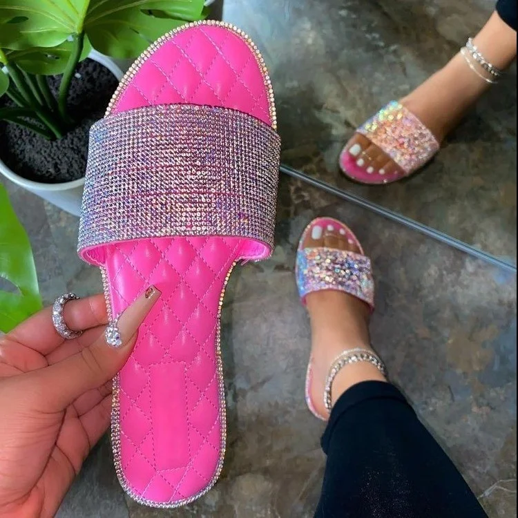 

2021 New Arrival Women Rhinestones around sole Quilted bottom Cushion sole Open Toe Wave Slippers Crystal Flat Sandals, Pink,black