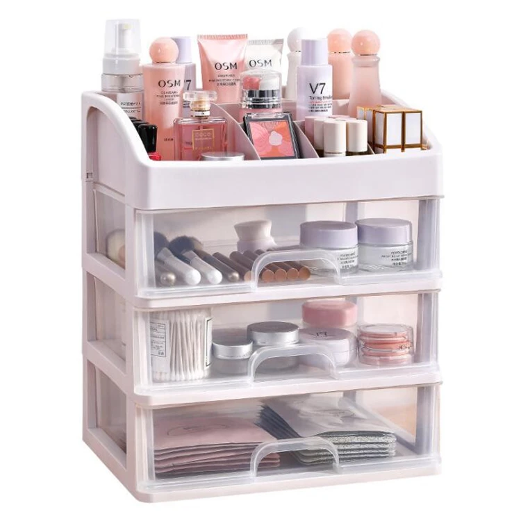 

Plastic Vanity Countertop Cosmetic Storage Box Makeup Organizer with 3 Drawers for Cosmetics Brushes Nail Lipstick and Jewelry, As picture or customized