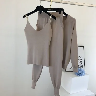 

New 3pcs Knitting Suit Long-sleeved Zip Jacket Cardigans Tank Top Pants Women Fashion Solid Lounge Set Casual Tracksuits