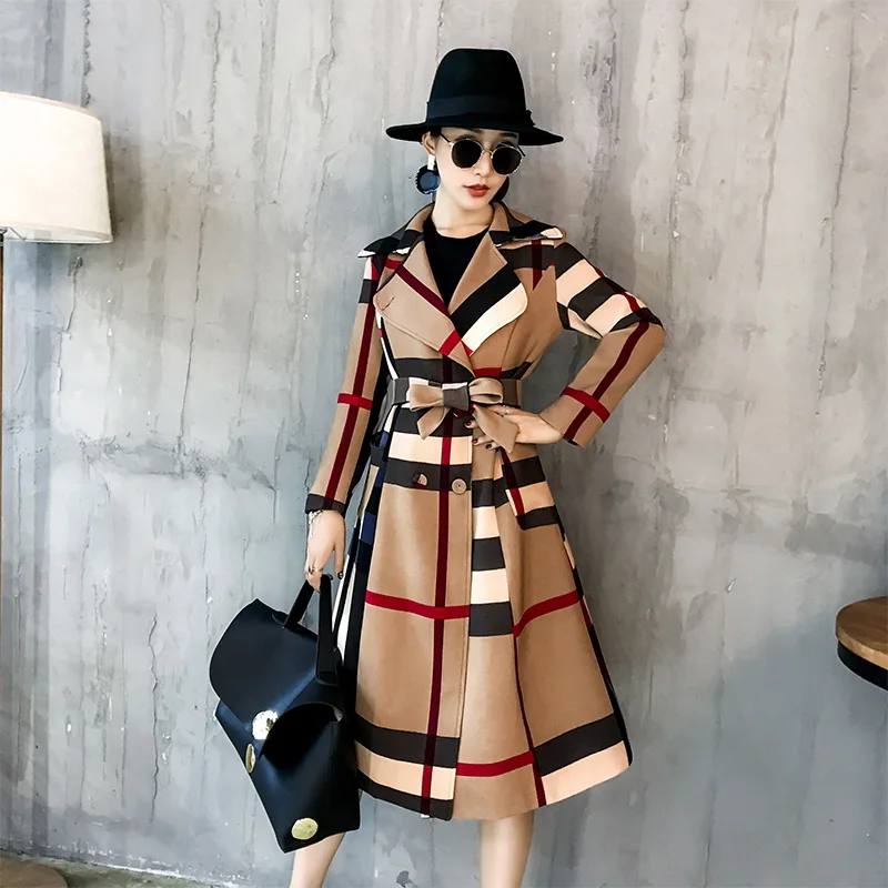 

Europe and American Style Plaid Slimming Trench Coats For Lady Hot Sale New Color Matching Autumn Women Jackets And Coats 2021, 2 colors