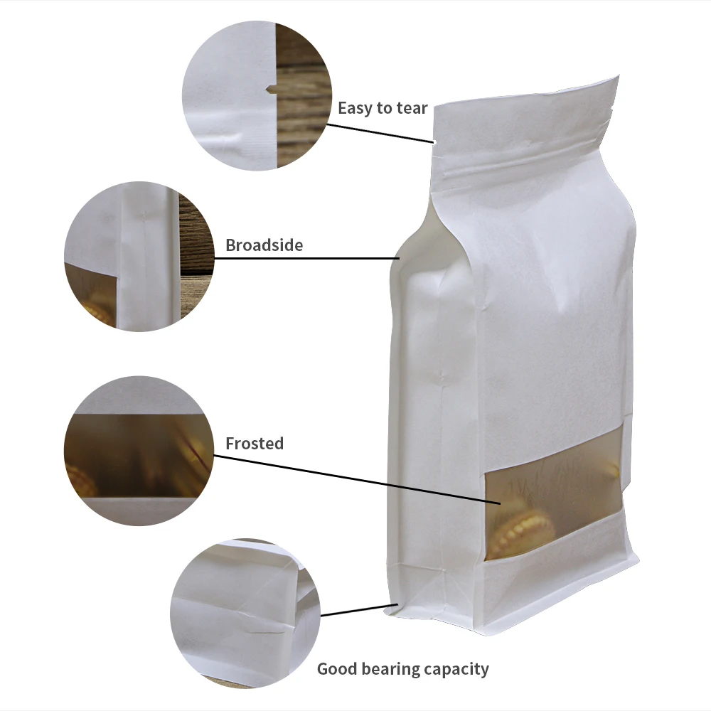 

White Kraft Paper Eight Side Seal Gusset Pouch Stand Up With Zipper And Transparent Window Snack Packaging Bags