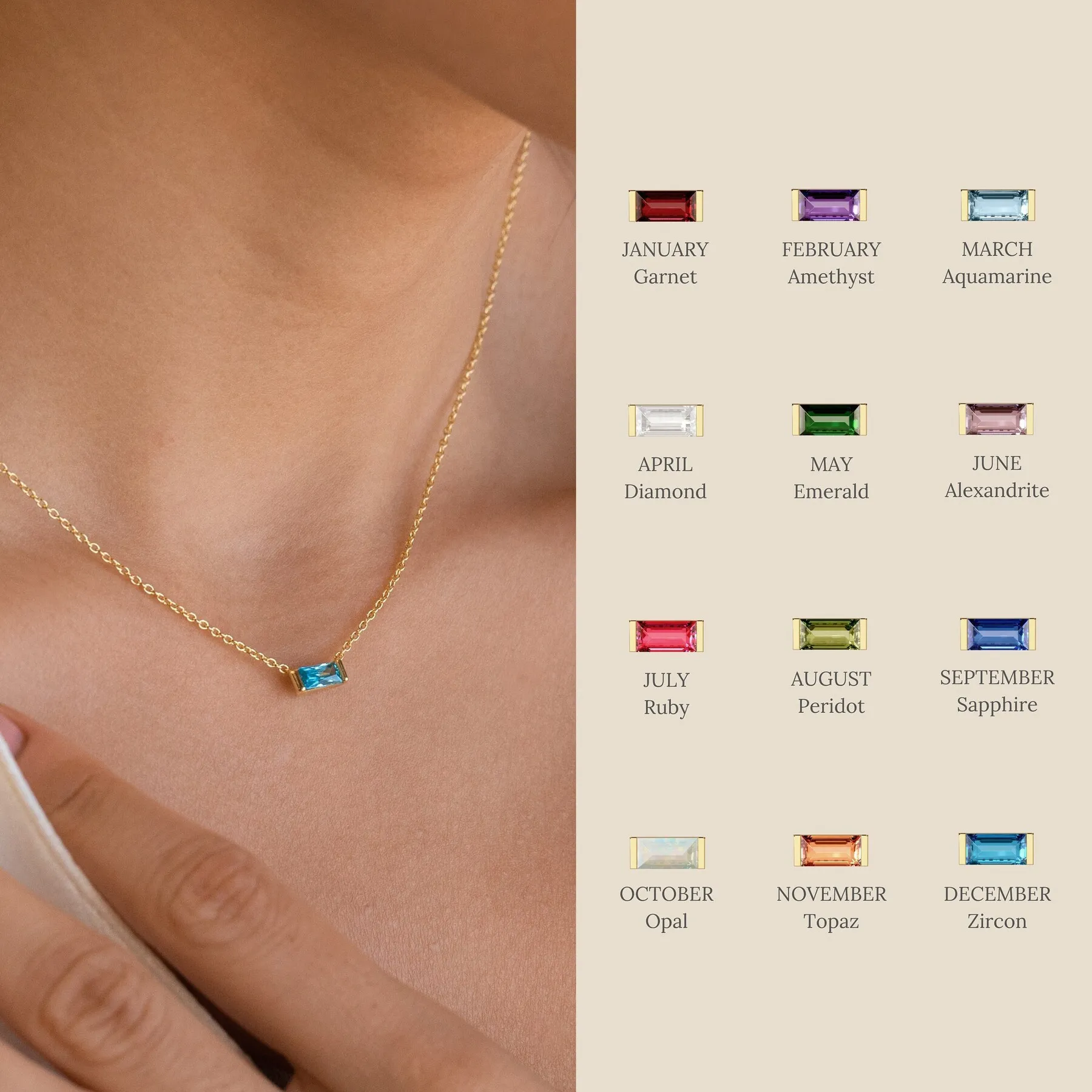 

Dainty Baguette 18k Gold Plated Jewelry Stainless Steel Zircon Necklace Gemstone Birthstone Necklace For Women Girls Gift