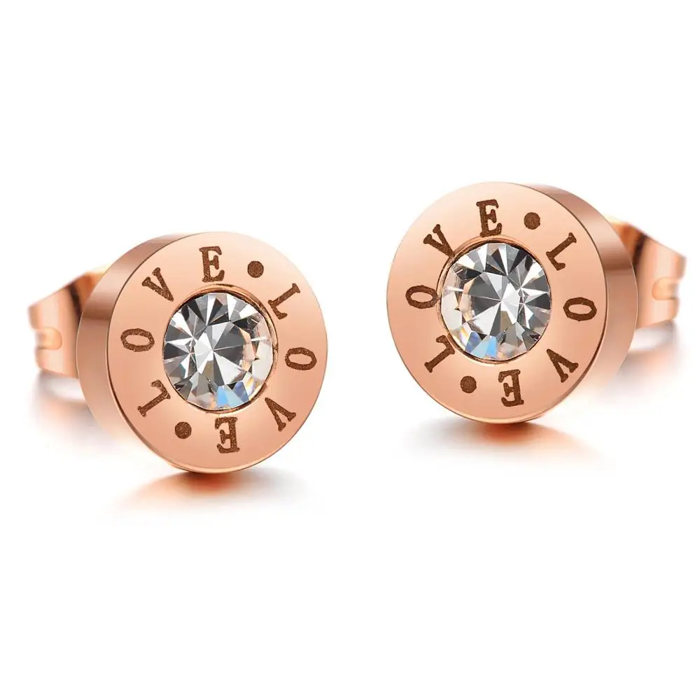 

Jiushang jewelry diamond love letter engraved rose gold zirconia fashion women korean earrings