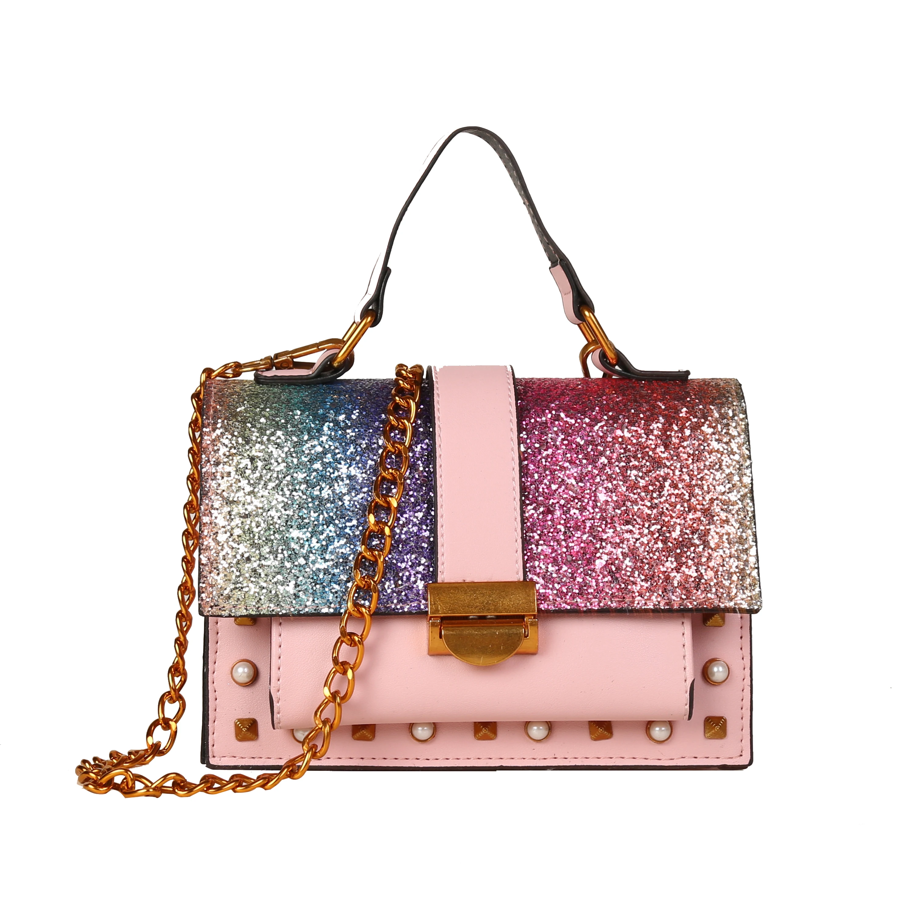 

Women's new fashion sequined shoulder bag wild messenger bag PU leather rainbow sequin chain crossbody bag, As show
