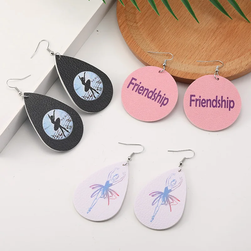 

Handmade round waterdrop teardrop earrings cute PU leather earrings creative friendship Love english ballet print drop earrings