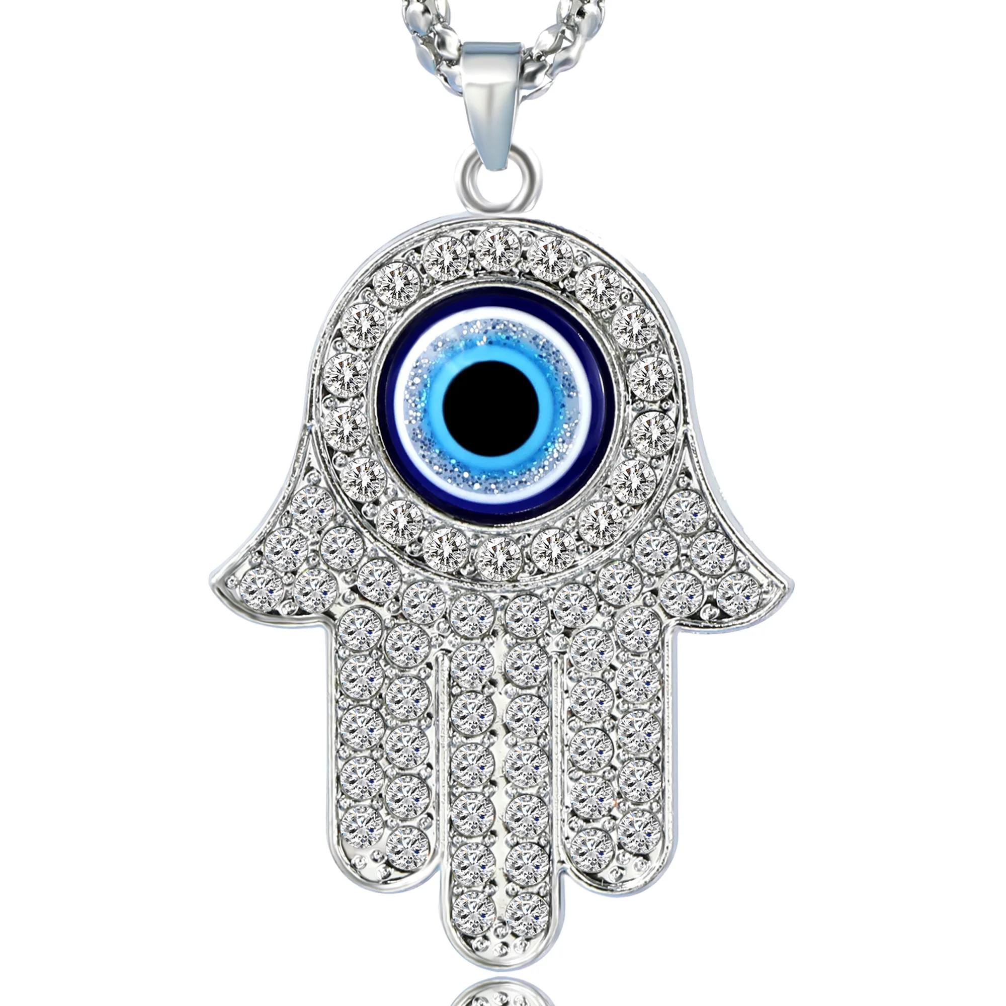 

Wholesale Big Hamsa Hand Devil Eye Pendant Necklace Cubic Zircon Diamond Wave Gemstone Pendant Talisman Necklace For Unisex