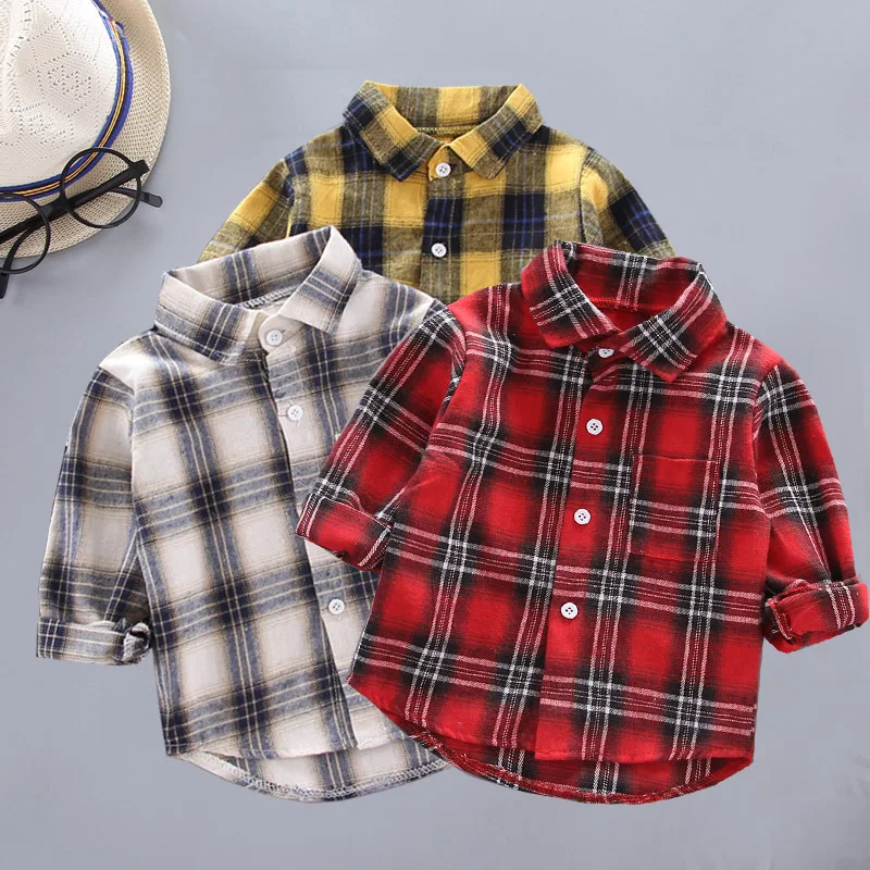 

2022 autumn new boys and girls plaid shirt baby loose lapel long-sleeved shirt children's embroider boys shirts, Customized color