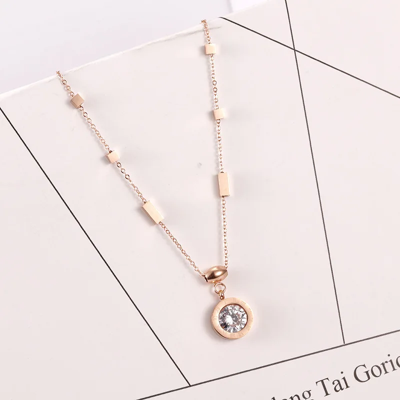 

Roman numeral single diamond zircon round Stainless Steel pendant short style personality trend clavicle chain necklace