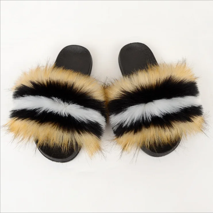

China Slides Vendor Wholesale Women Fox fur pom pom house slippers, Black