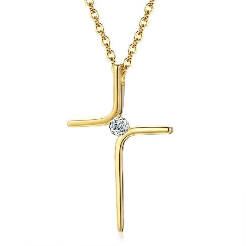 

2021 Simple Trendy Jewelry Stainless Steel Women's Christian Necklace Cubic Zirconia Diamond Cross Necklace