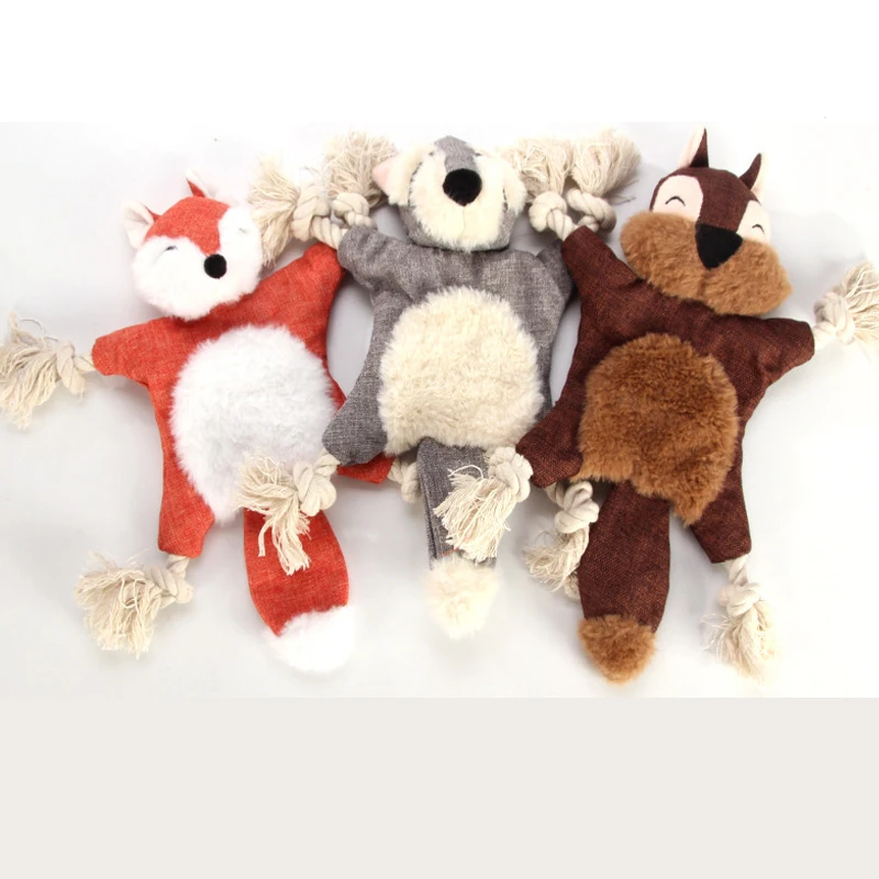 

Manufacturer wholesale OEM squeaky bite resistence grey bear squirrel fox dog rope plush toys, Grey.orange,brown