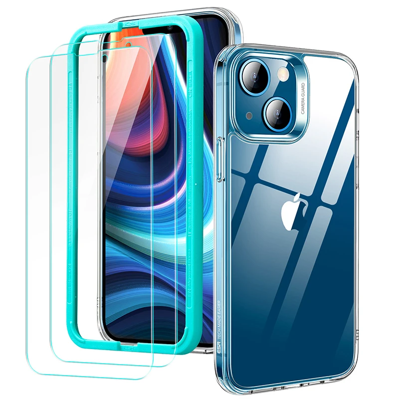

With Installation Frame Shock Proof Glass Screen Protector *2 Pieces and Crystal Clear *1 Piece for iphone 13 pro max case, White