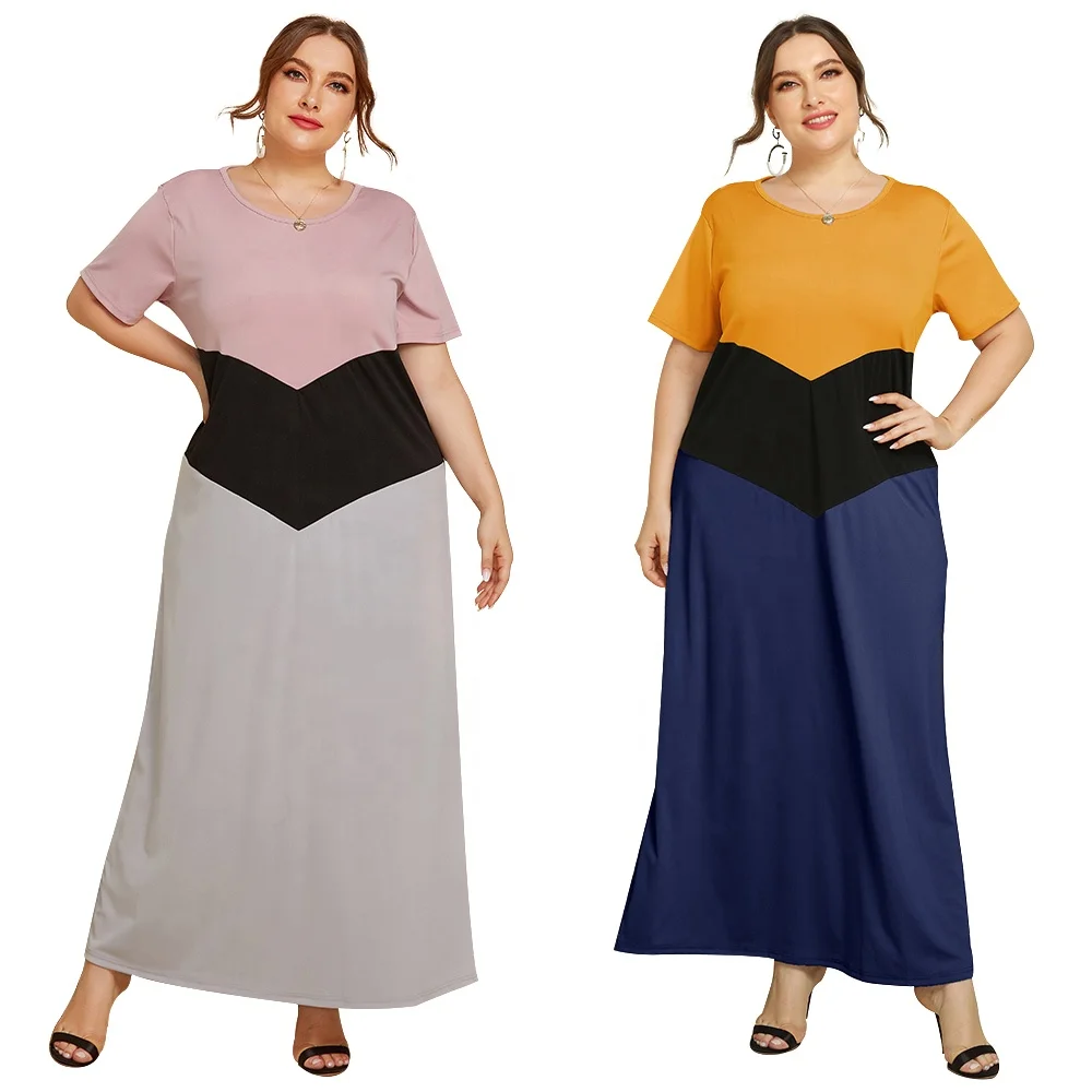 

Round neck color blocking Maxi loose slim Short Sleeve Dress plus size female clothing