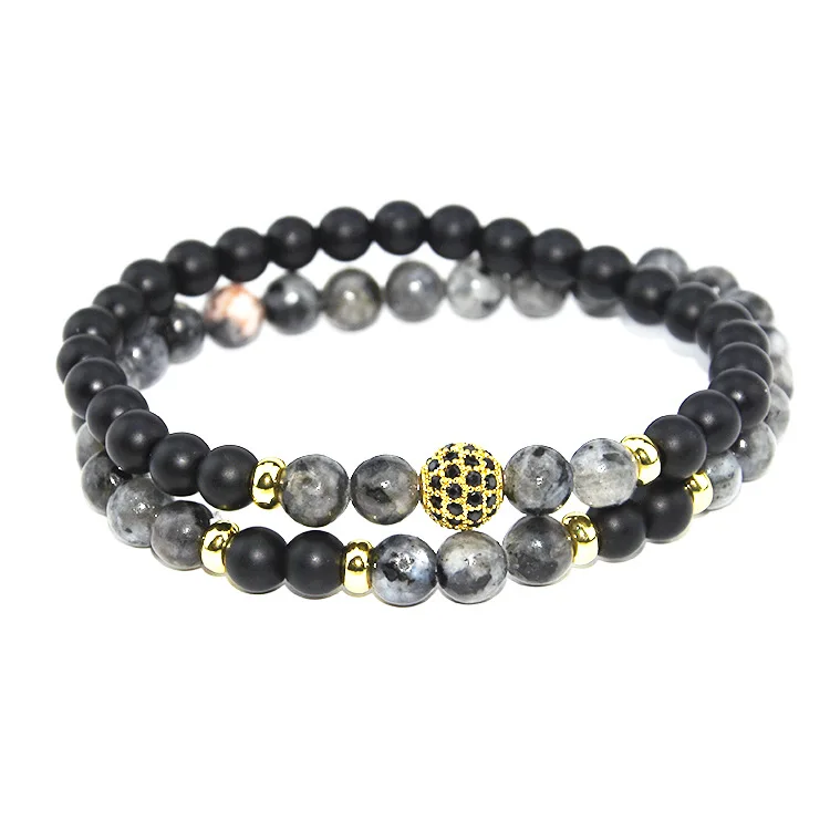 

Fashion 6mm Stone Bead All-match 2pcs/set Ball Pattern Matte Tube Bracelet Set for Men, Black, white