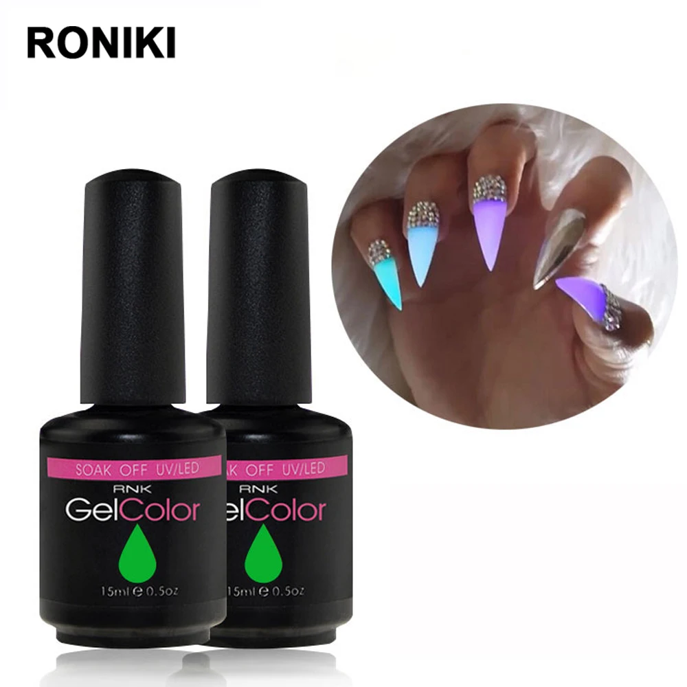 

RONIKI 16 Colors Neon Color Luminous Nail Varnish Glow Soak Off Fluorescent Pigment Glow In Dark Nail Gel Polish