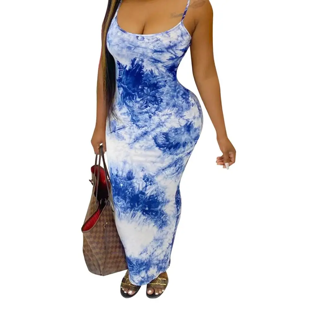 

Round Neck Colorful Sexy Dresses Tie-Dye Skinny Printed Sleeveless Casual Women Dresses Plus Size Suspenders, As above